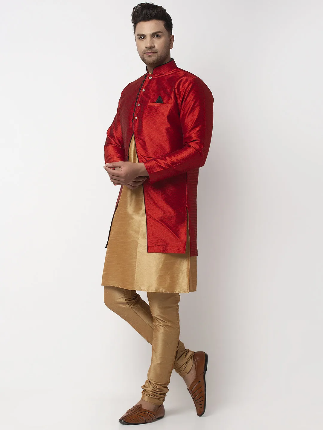 Men's Copper Kurta With Pyjama & Red Self Design Jacket - Benstoke