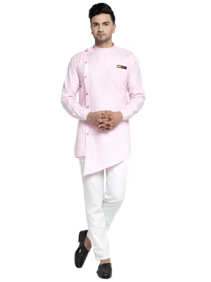 Men's Cotton Pink Asymmetric Solid Kurta With White Trousers - Benstoke