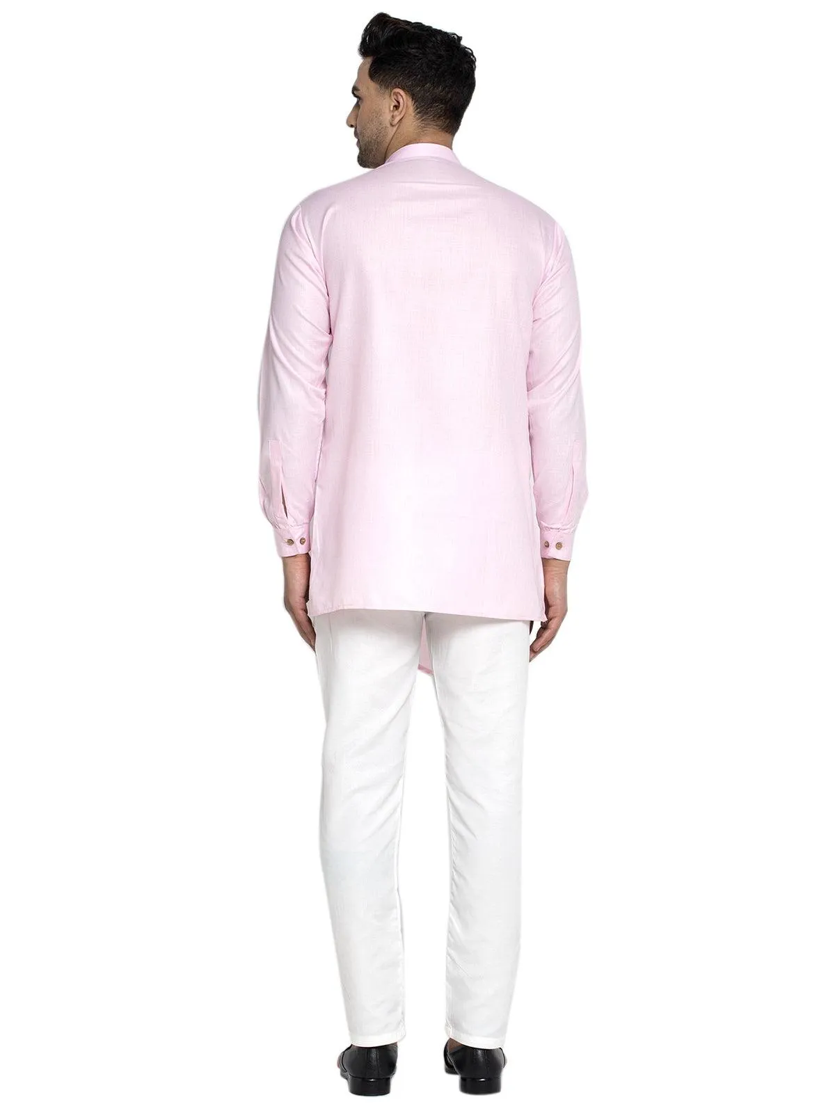 Men's Cotton Pink Asymmetric Solid Kurta With White Trousers - Benstoke