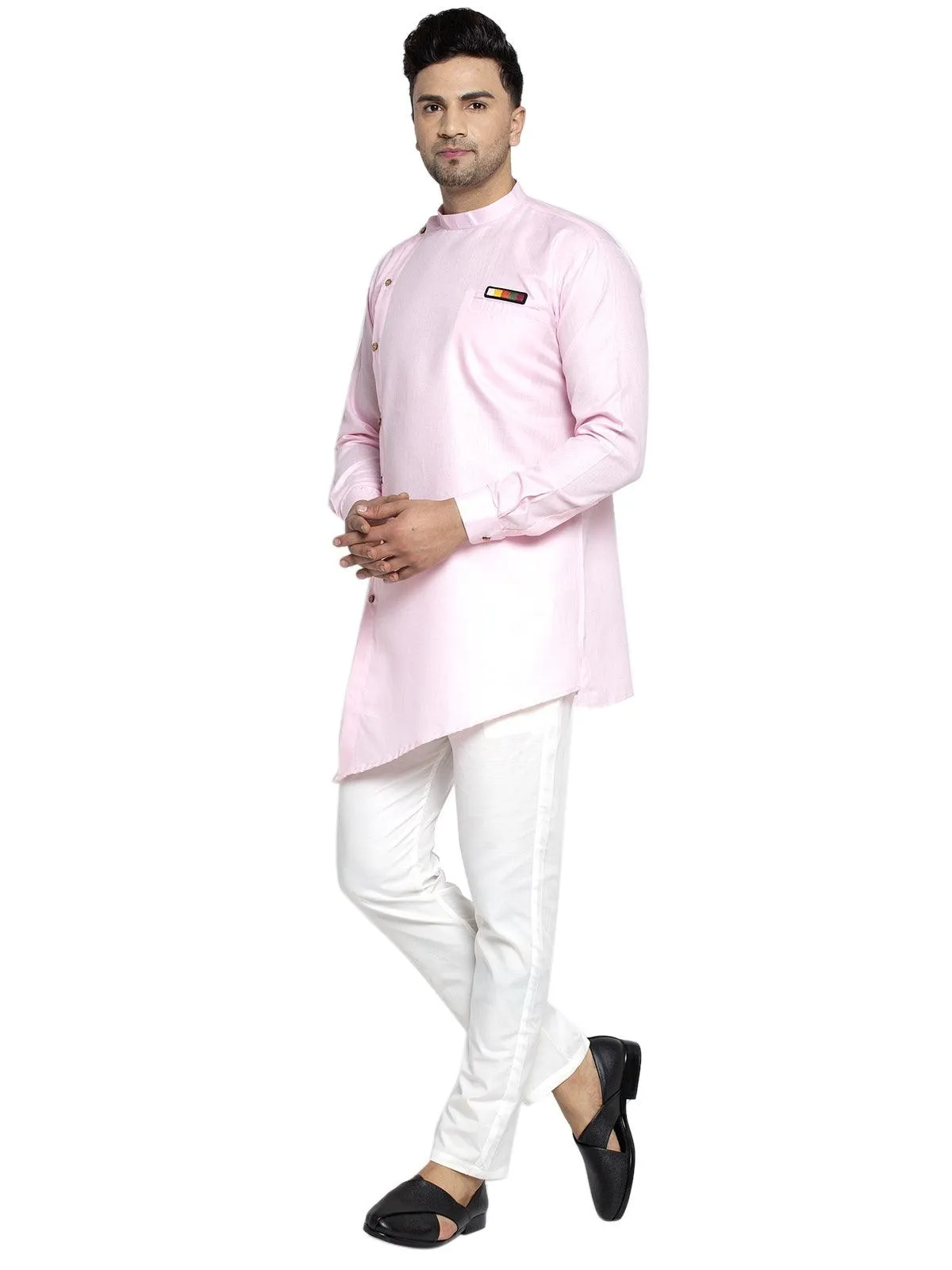 Men's Cotton Pink Asymmetric Solid Kurta With White Trousers - Benstoke