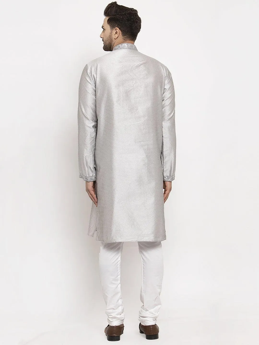 Men's Grey Yoke Design Solid Kurta With White Churidaar Pyjama - Benstoke