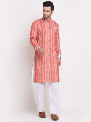 Men's Orange & Beige Printed Kurta With White Pyjamas Set - Benstoke