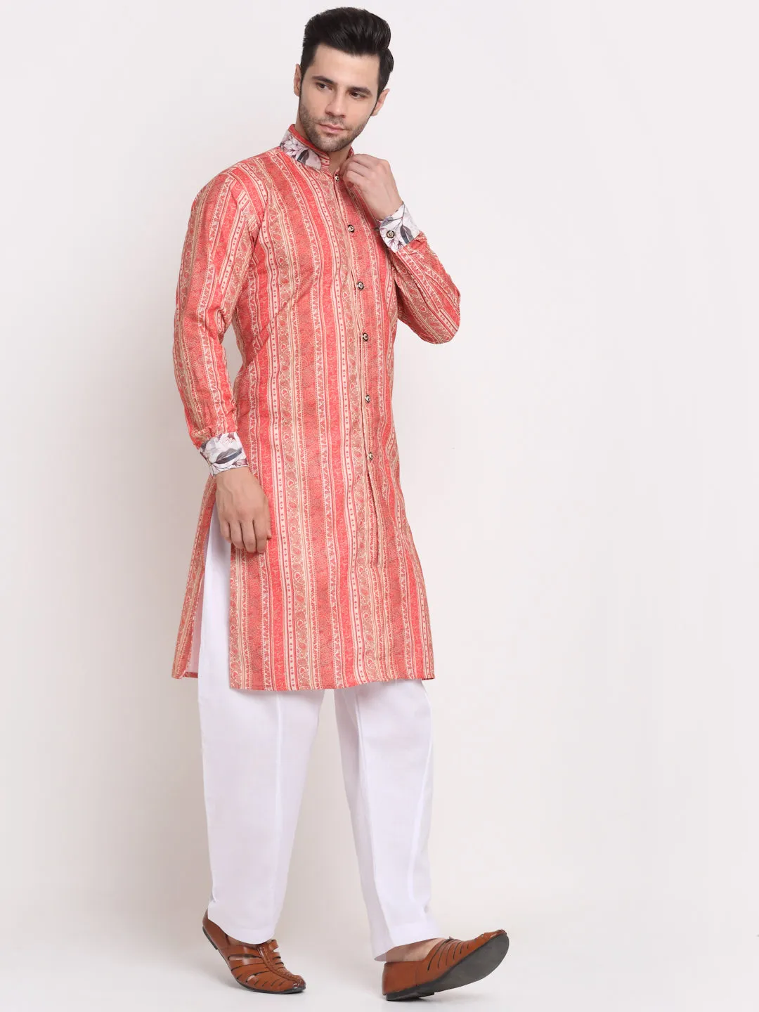 Men's Orange & Beige Printed Kurta With White Pyjamas Set - Benstoke