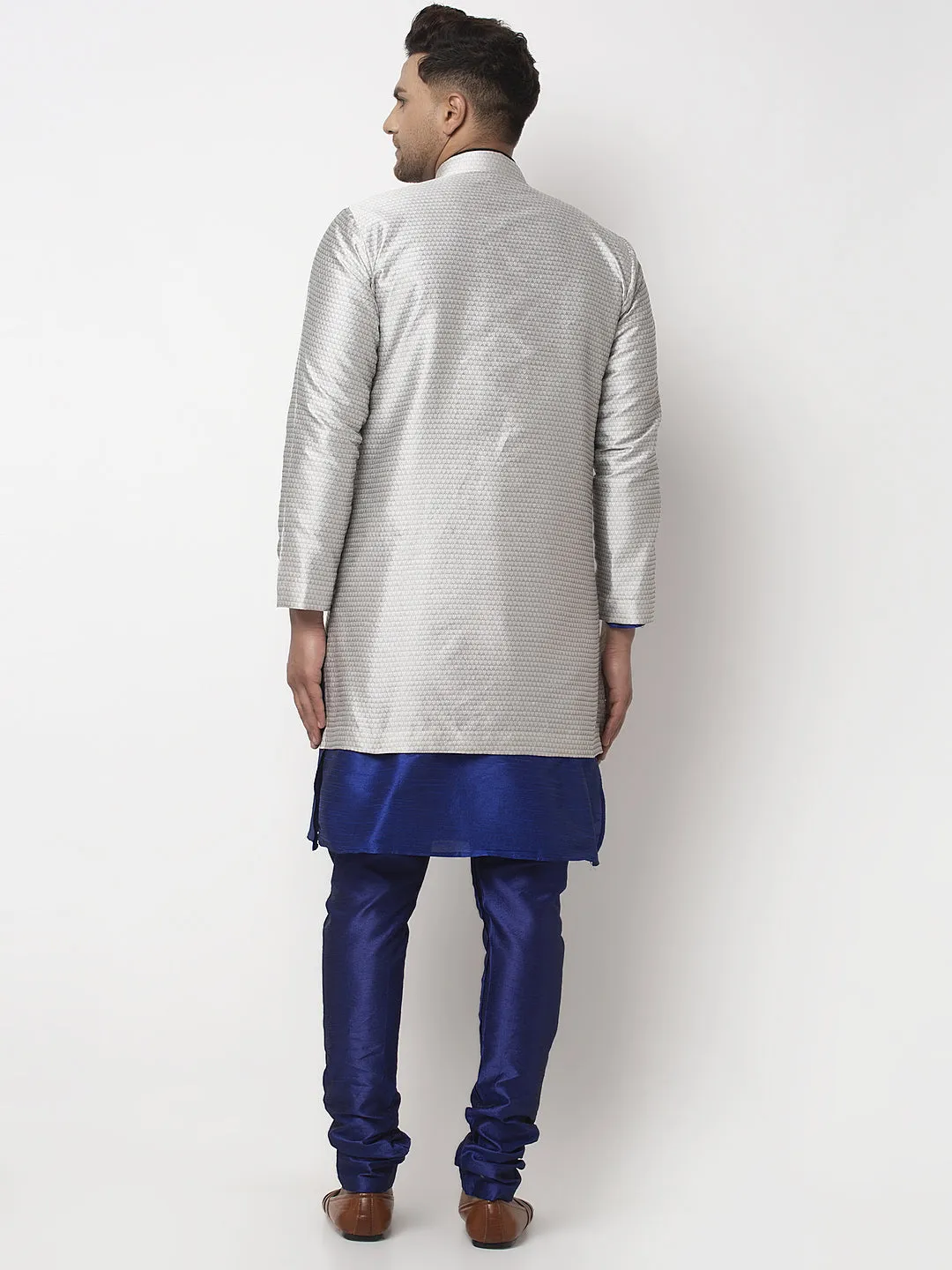 Men's Royal Blue Kurta With Pyjama & Grey Self Design Jacket - Benstoke