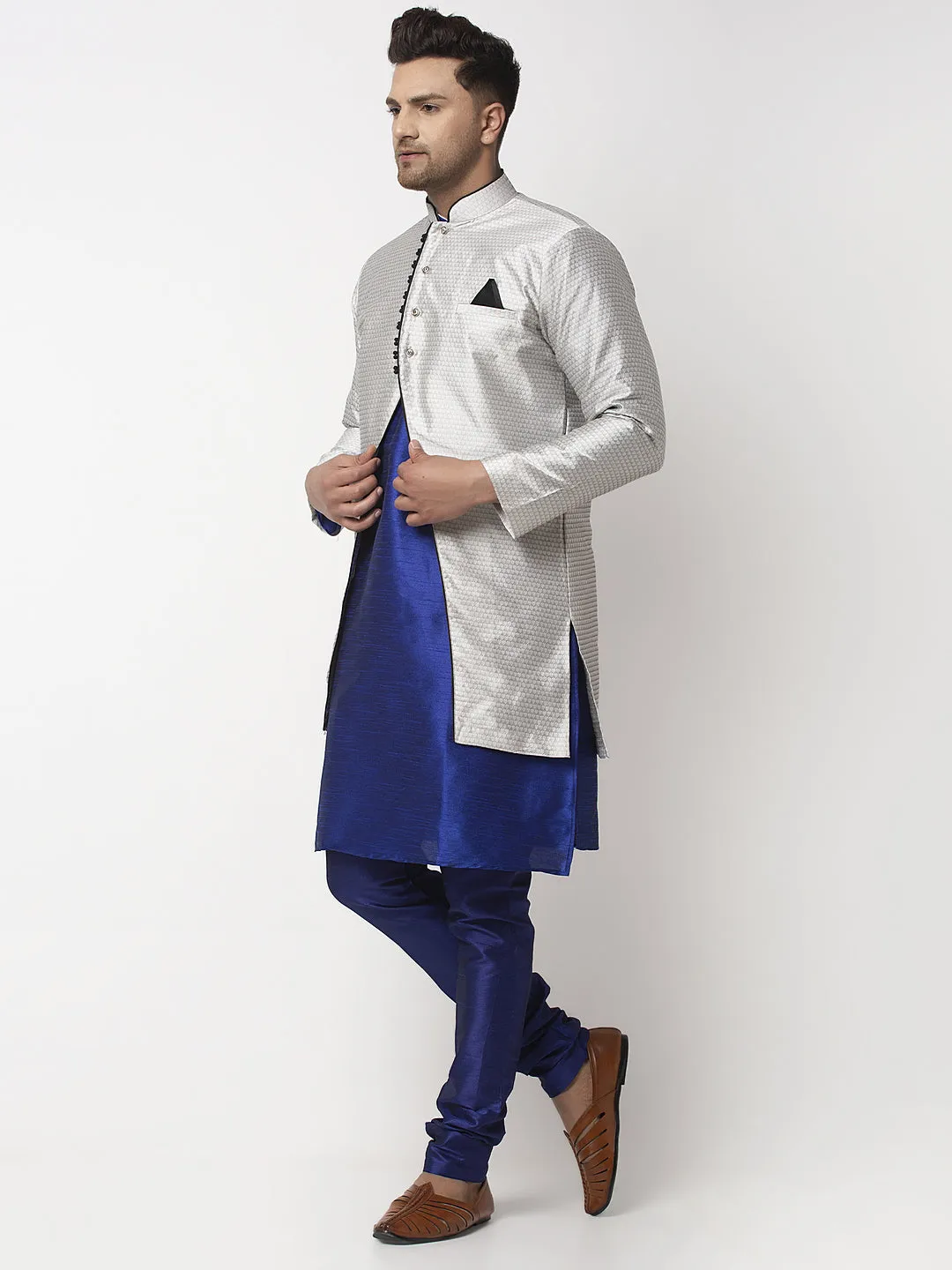 Men's Royal Blue Kurta With Pyjama & Grey Self Design Jacket - Benstoke