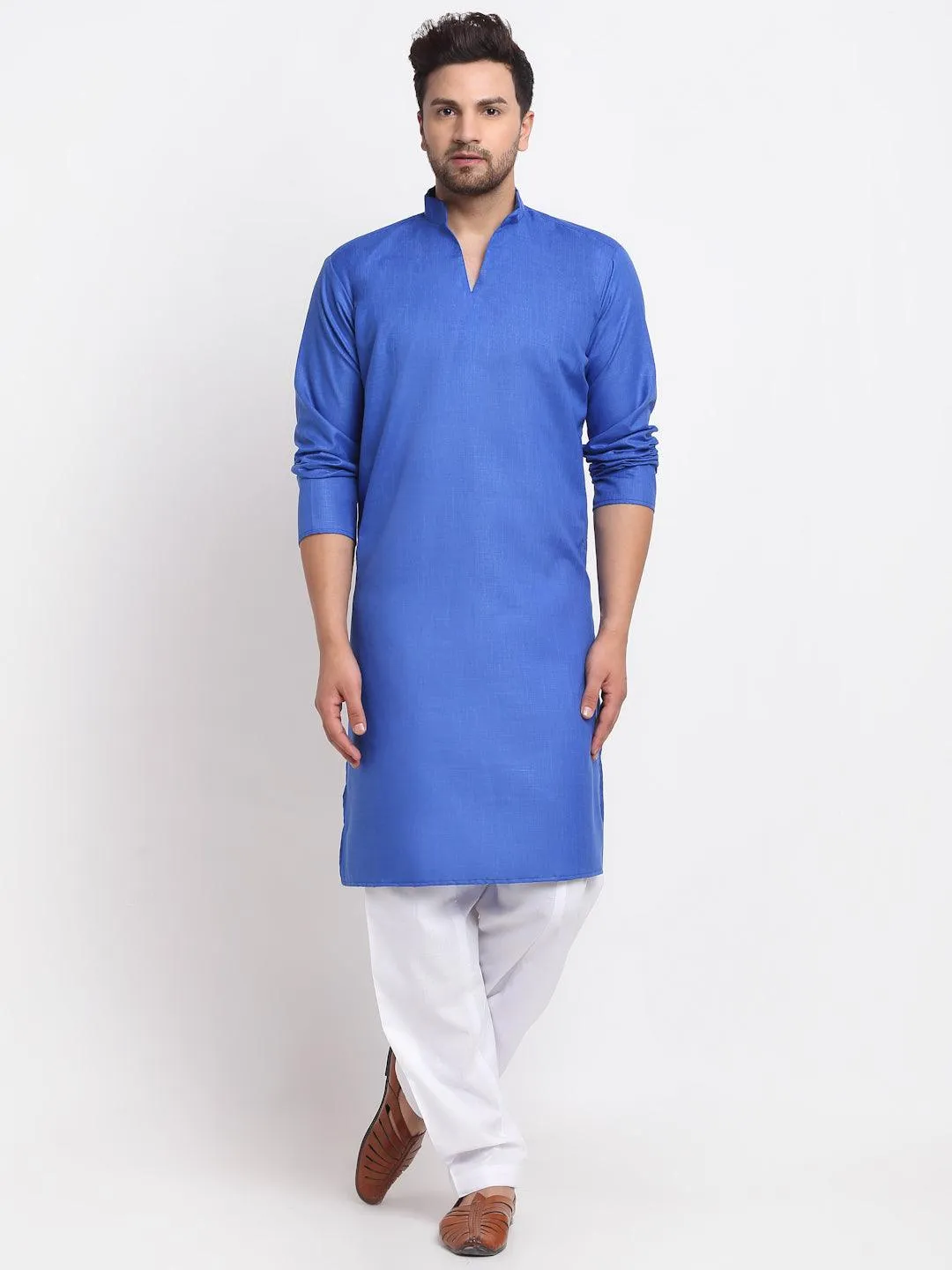 Men's Royal Blue Solid Pathani Kurta With White Salwar - Benstoke