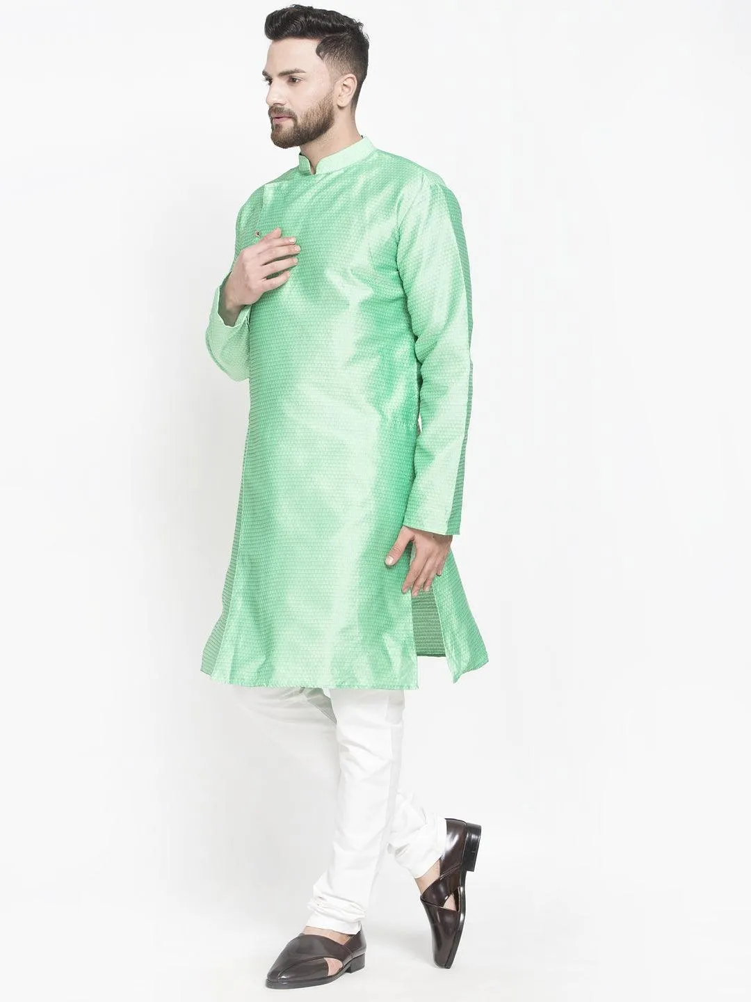 Men's Sea Green Self Design Kurta With White Churidaar Pyjama - Benstoke