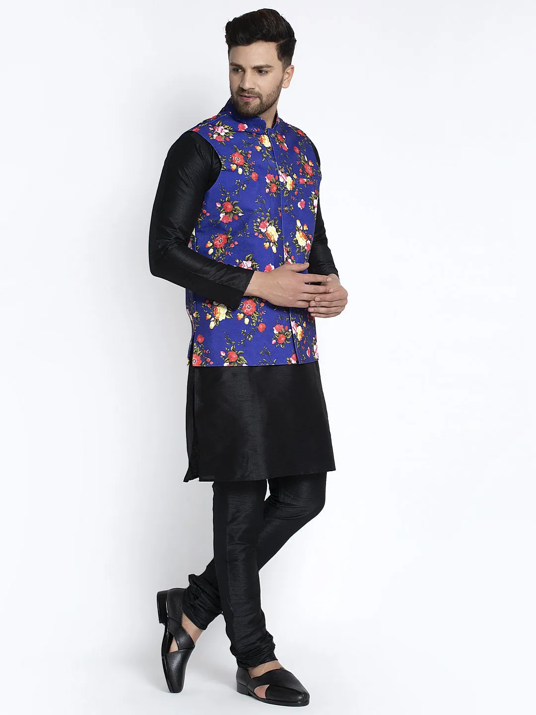 Men's Silk Blend Black Kurta With Pyjama & Royal Blue Printed Nehru Jacket - Benstoke