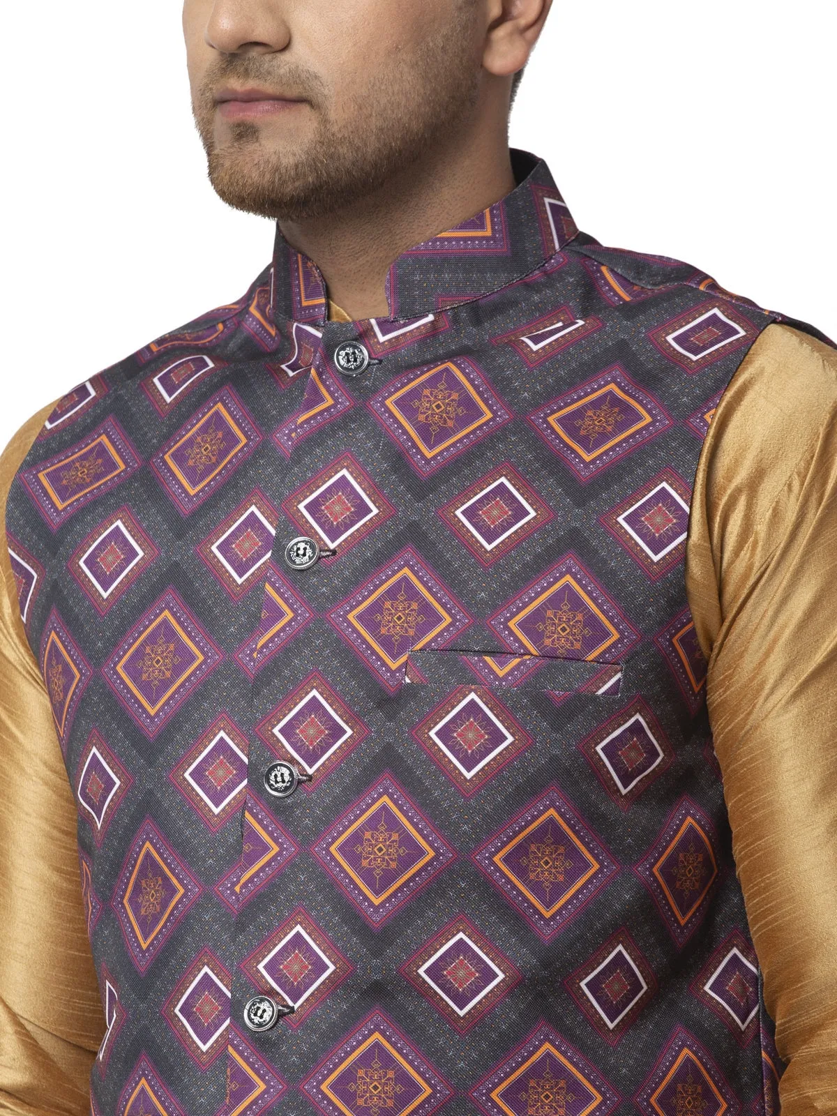 Men's Silk Blend Copper Kurta With Pyjama & Charcoal Grey Printed Nehru Jacket - Benstoke