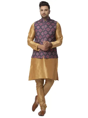 Men's Silk Blend Copper Kurta With Pyjama & Charcoal Grey Printed Nehru Jacket - Benstoke