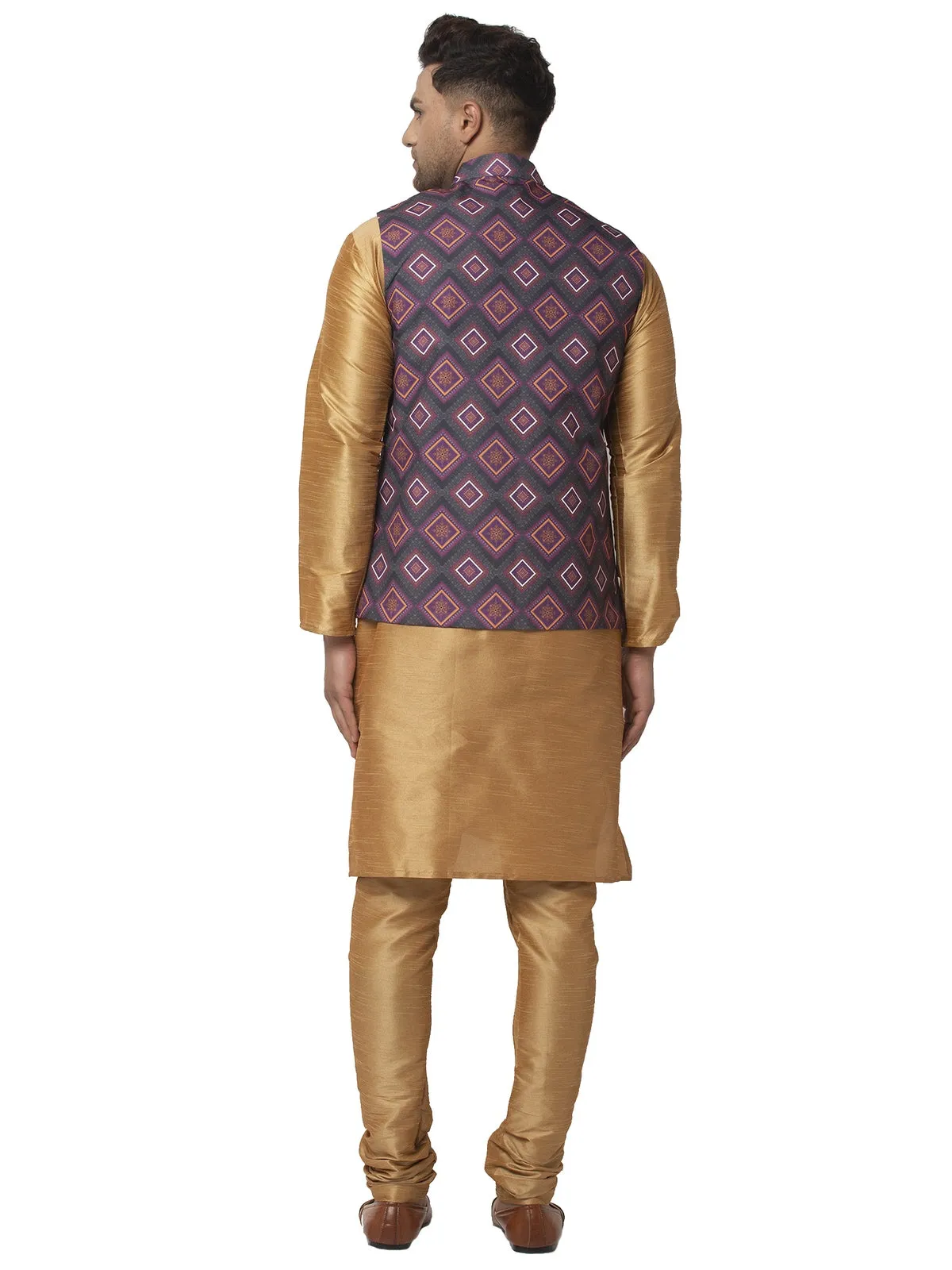 Men's Silk Blend Copper Kurta With Pyjama & Charcoal Grey Printed Nehru Jacket - Benstoke