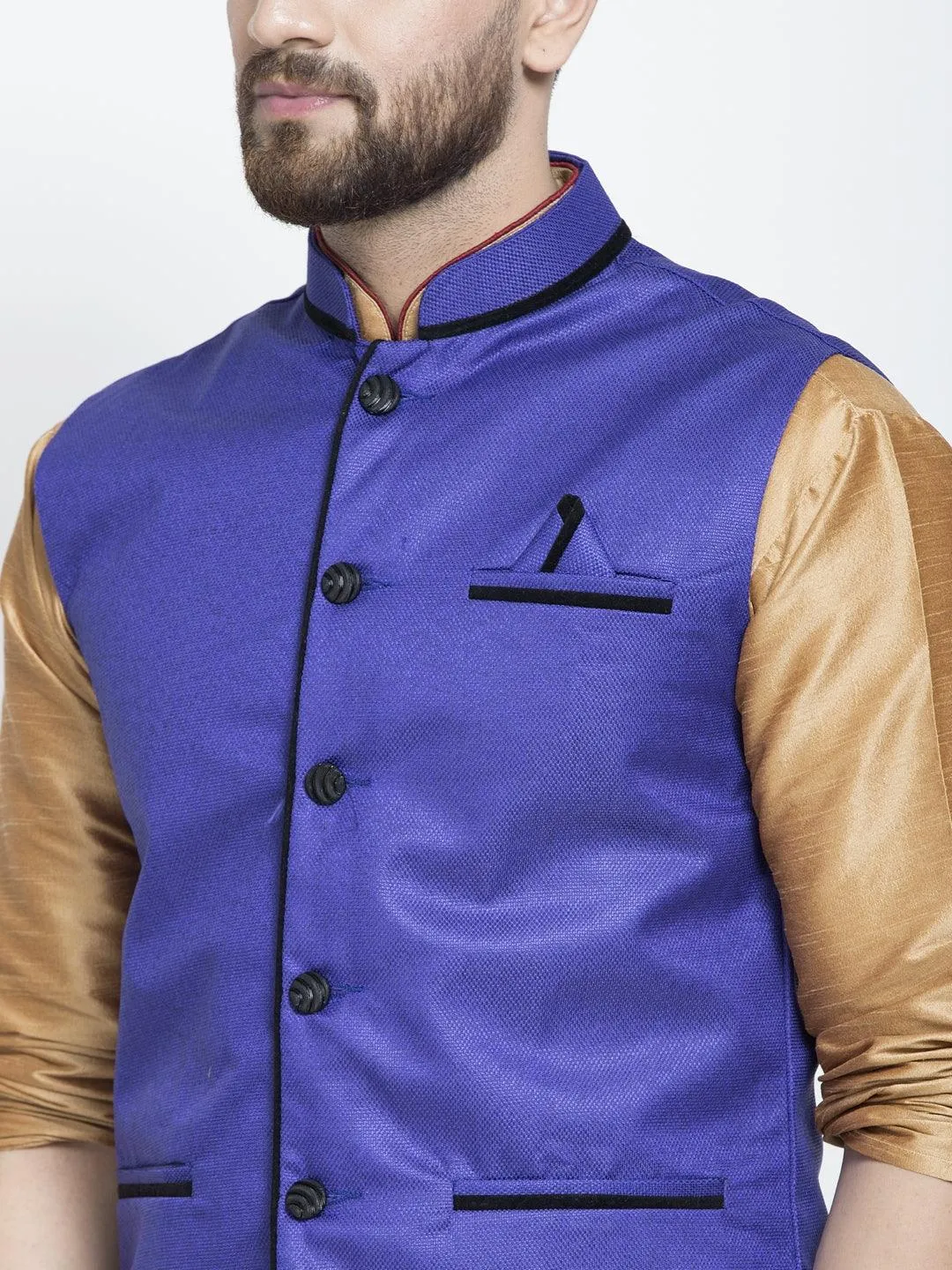 Men's Silk Blend Copper Kurta With Pyjama & Royal Blue Nehru Jacket - Benstoke