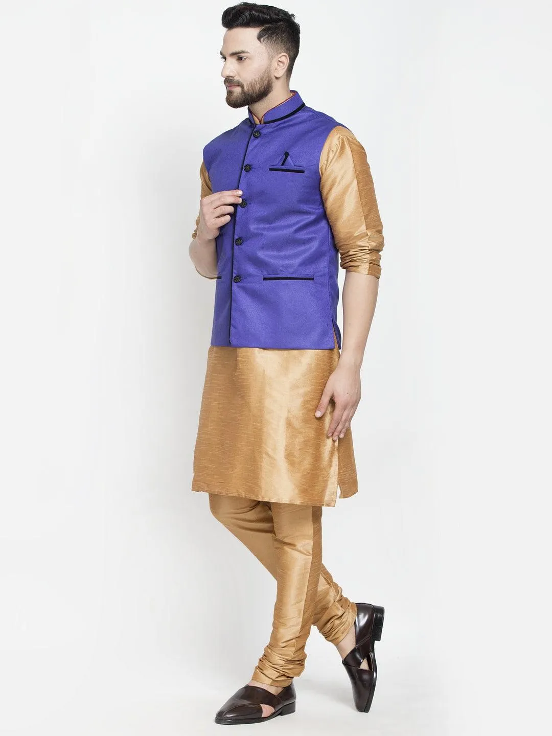 Men's Silk Blend Copper Kurta With Pyjama & Royal Blue Nehru Jacket - Benstoke