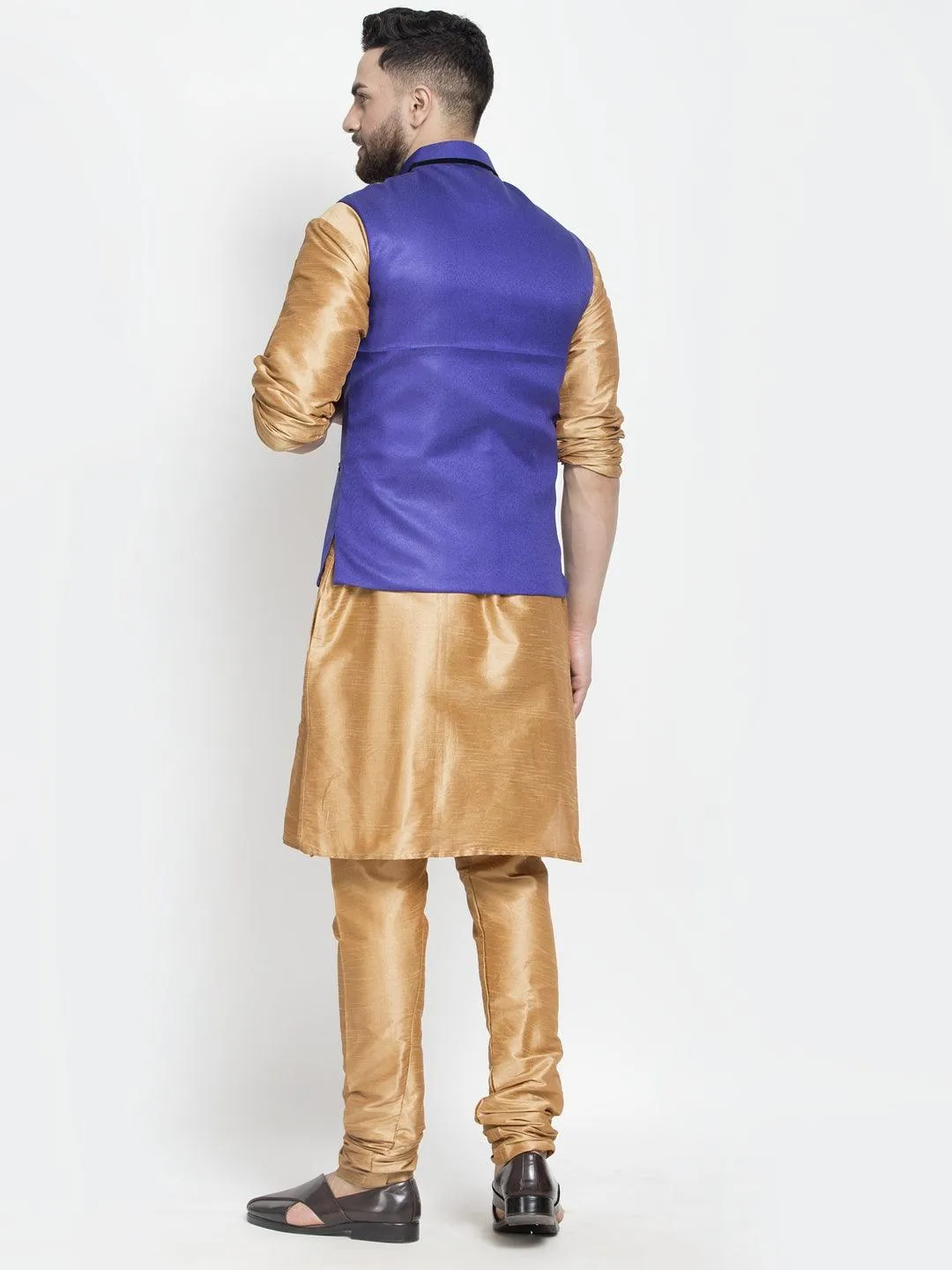 Men's Silk Blend Copper Kurta With Pyjama & Royal Blue Nehru Jacket - Benstoke