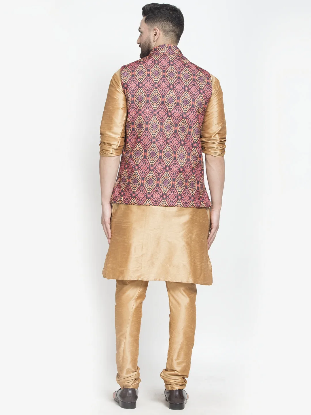 Men's Silk Blend Copper Kurta With Pyjama & Rust Printed Nehru Jacket - Benstoke