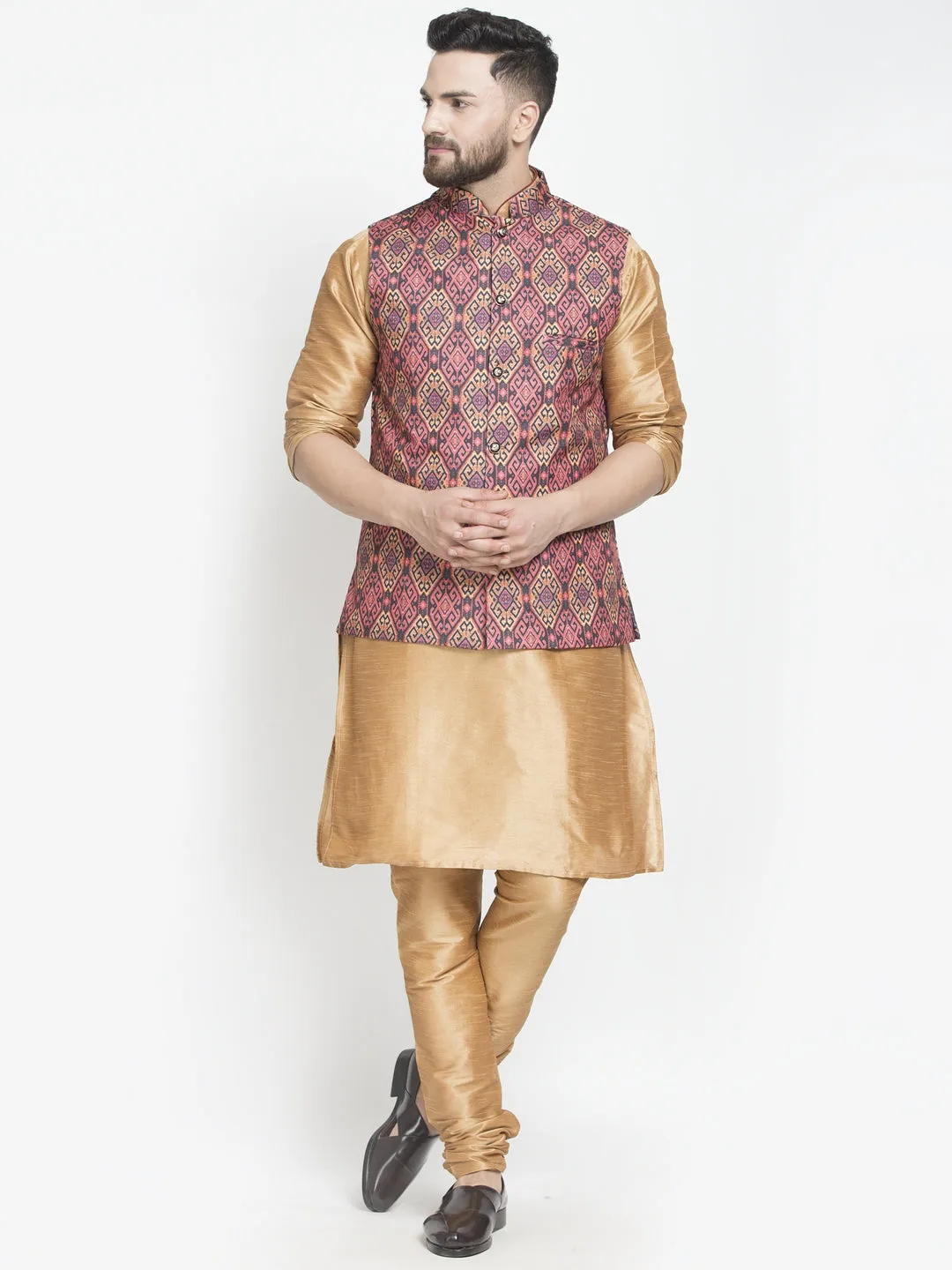 Men's Silk Blend Copper Kurta With Pyjama & Rust Printed Nehru Jacket - Benstoke