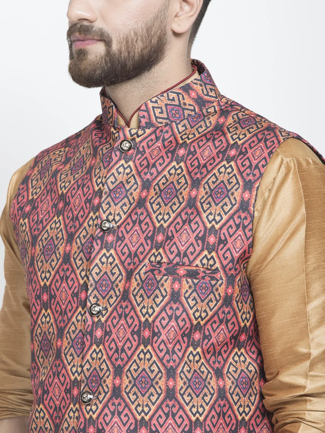 Men's Silk Blend Copper Kurta With Pyjama & Rust Printed Nehru Jacket - Benstoke