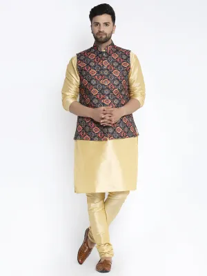 Men's Silk Blend Gold Kurta With Pyjama & Black Printed Nehru Jacket - Benstoke