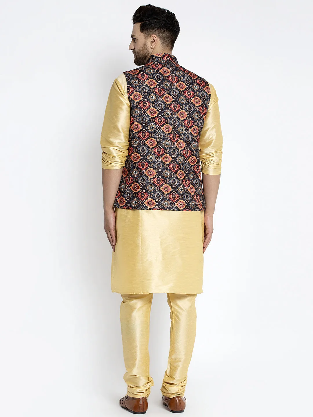 Men's Silk Blend Gold Kurta With Pyjama & Black Printed Nehru Jacket - Benstoke