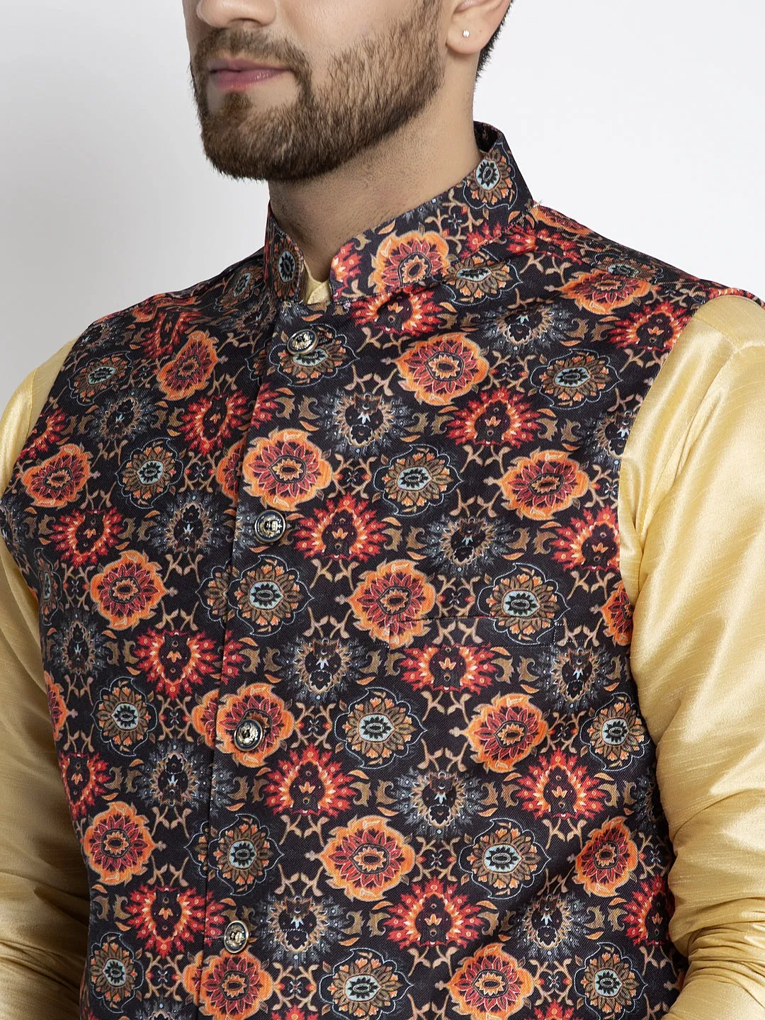 Men's Silk Blend Gold Kurta With Pyjama & Black Printed Nehru Jacket - Benstoke