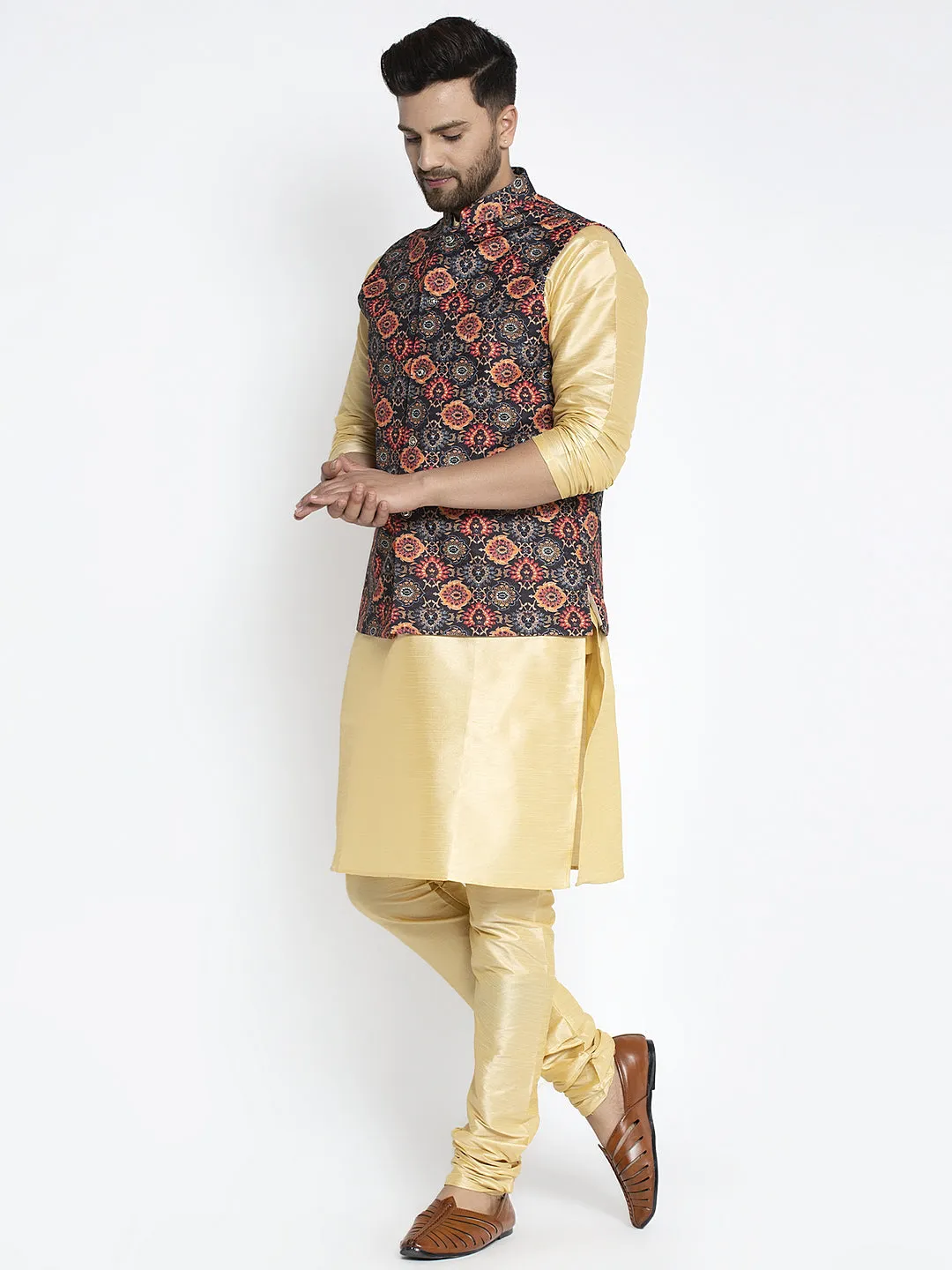 Men's Silk Blend Gold Kurta With Pyjama & Black Printed Nehru Jacket - Benstoke