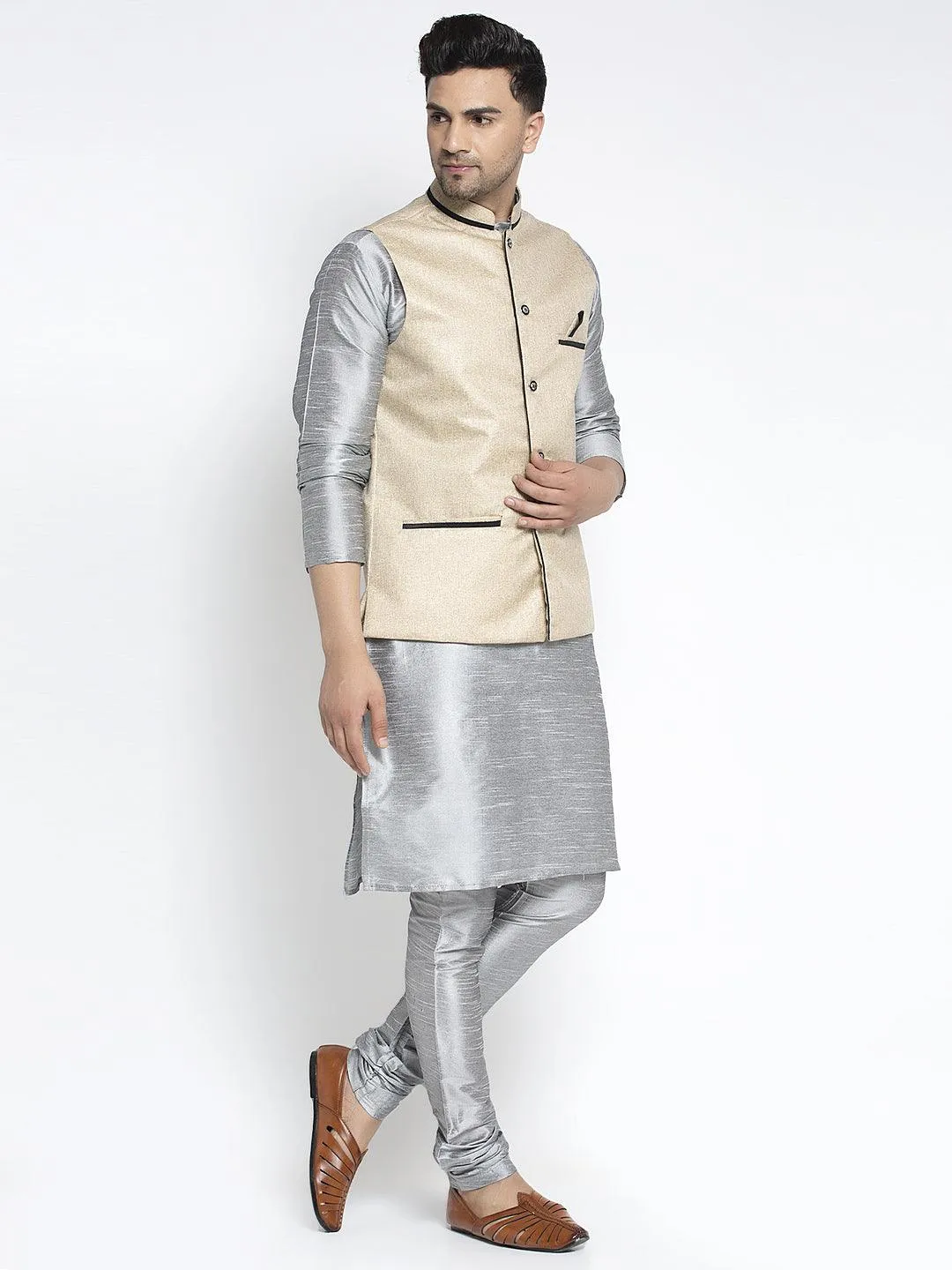 Men's Silk Blend Grey Kurta With Pyjama & Beige Nehru Jacket - Benstoke