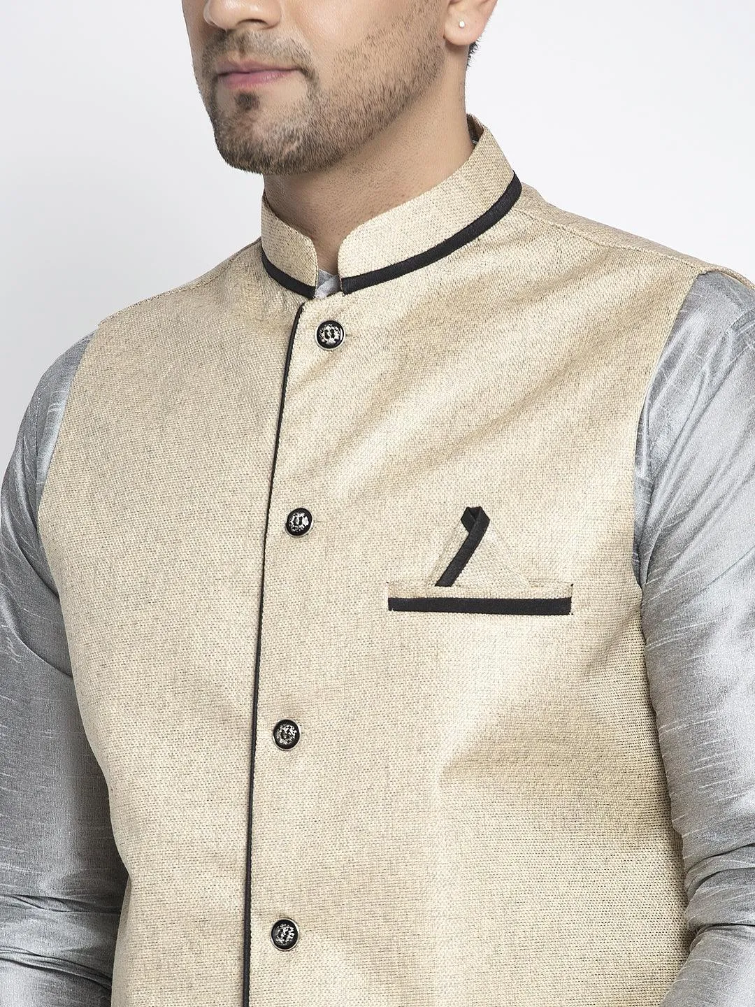 Men's Silk Blend Grey Kurta With Pyjama & Beige Nehru Jacket - Benstoke