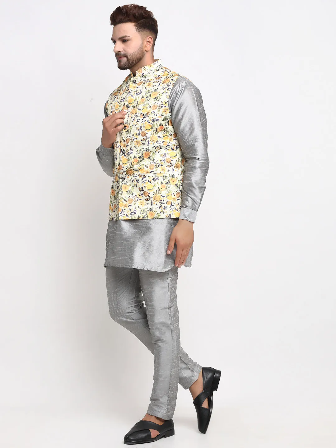 Men's Silk Blend Grey Kurta With Pyjama & Lime Green Printed Nehru Jacket - Benstoke