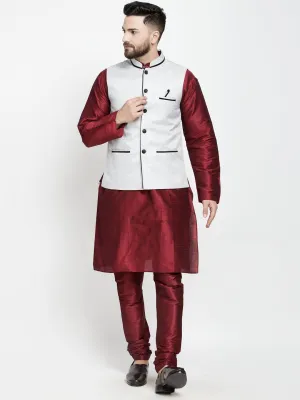 Men's Silk Blend Maroon Kurta With Pyjama & Grey Nehru Jacket - Benstoke