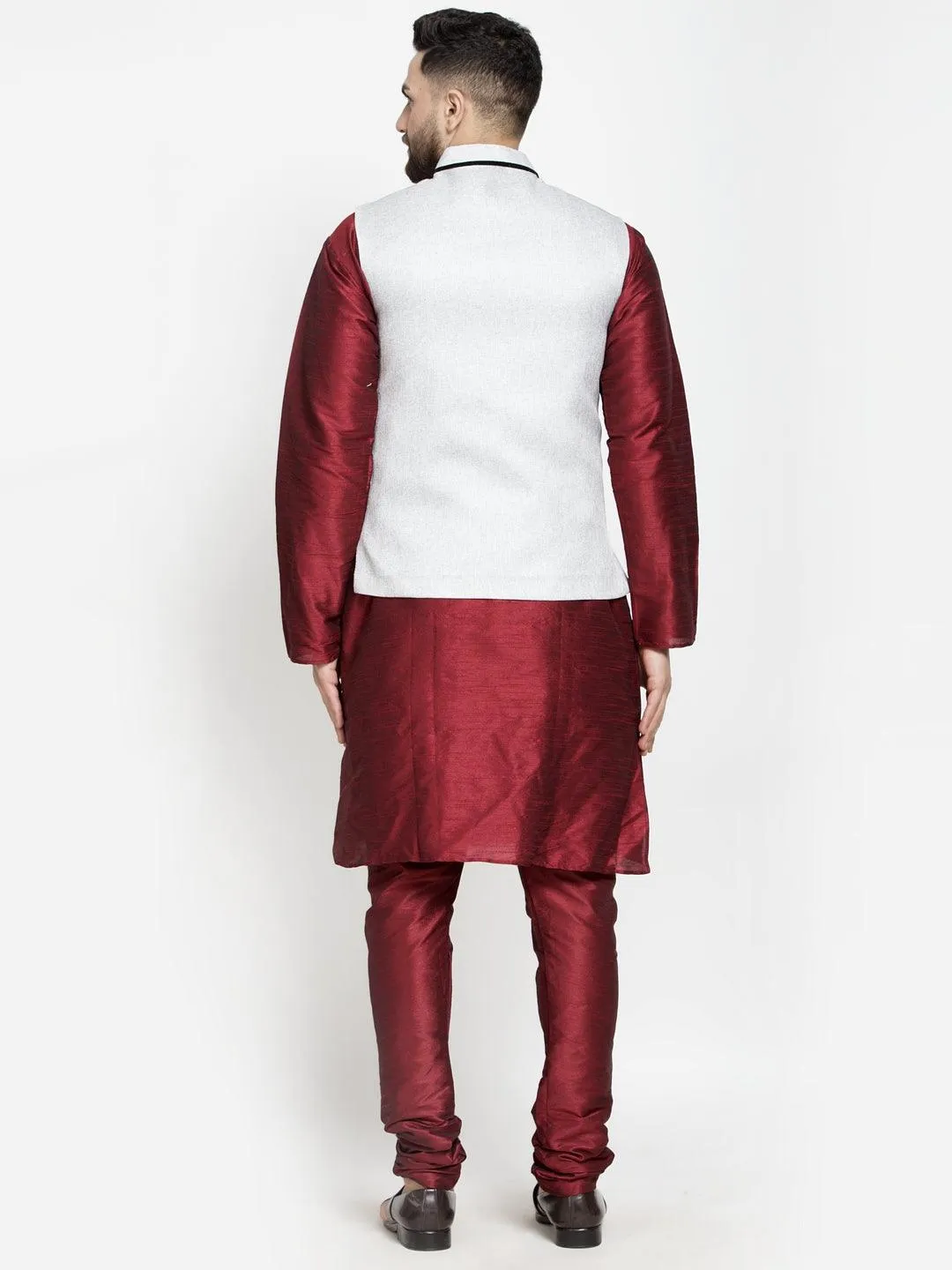 Men's Silk Blend Maroon Kurta With Pyjama & Grey Nehru Jacket - Benstoke