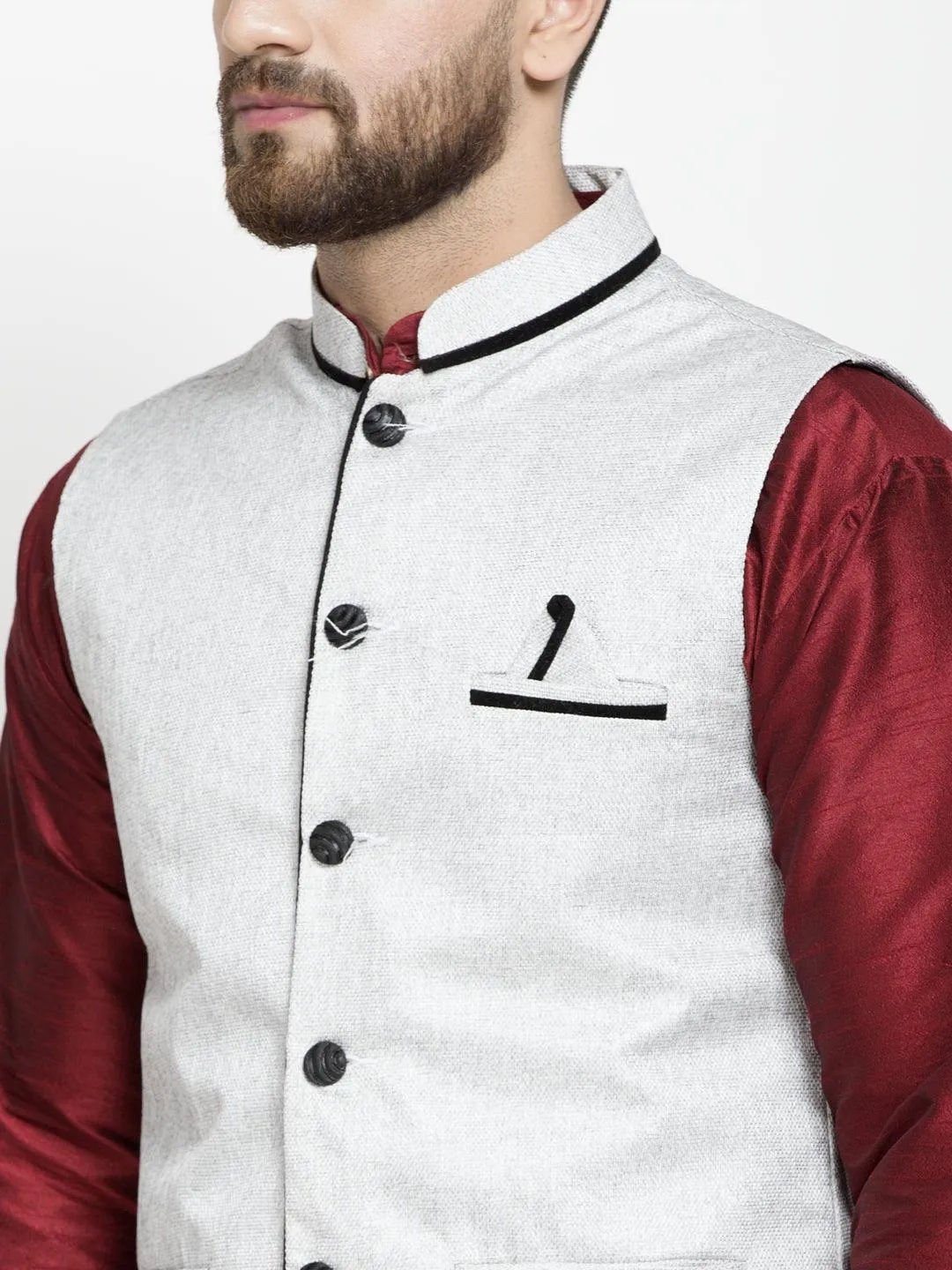 Men's Silk Blend Maroon Kurta With Pyjama & Grey Nehru Jacket - Benstoke