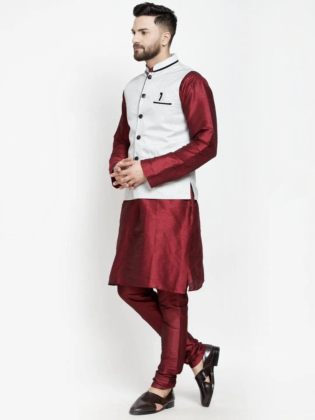 Men's Silk Blend Maroon Kurta With Pyjama & Grey Nehru Jacket - Benstoke