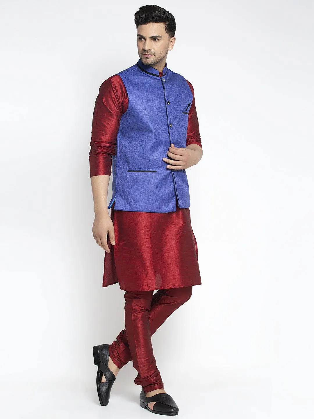 Men's Silk Blend Maroon Kurta With Pyjama & Royal Blue Nehru Jacket - Benstoke