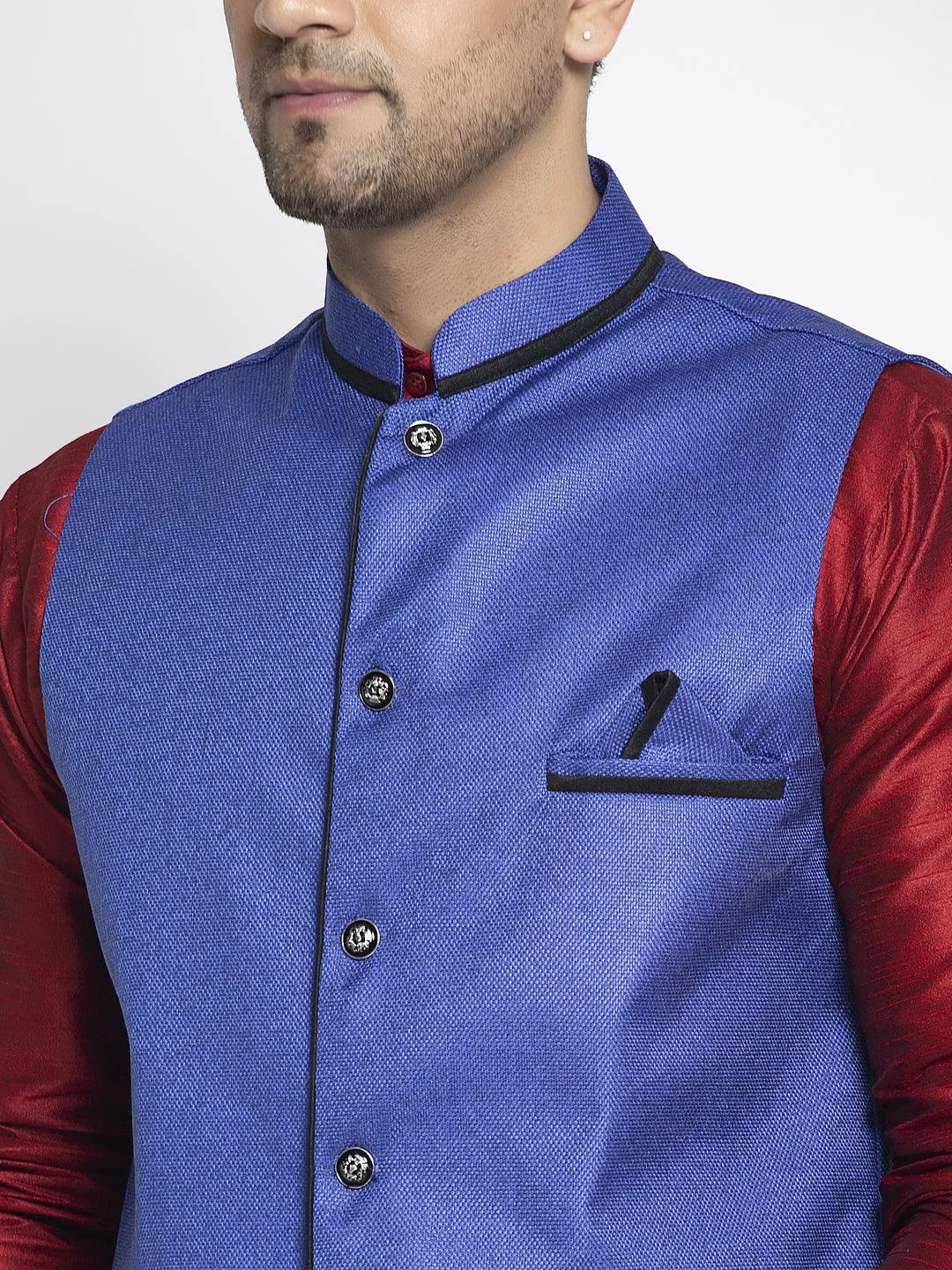 Men's Silk Blend Maroon Kurta With Pyjama & Royal Blue Nehru Jacket - Benstoke