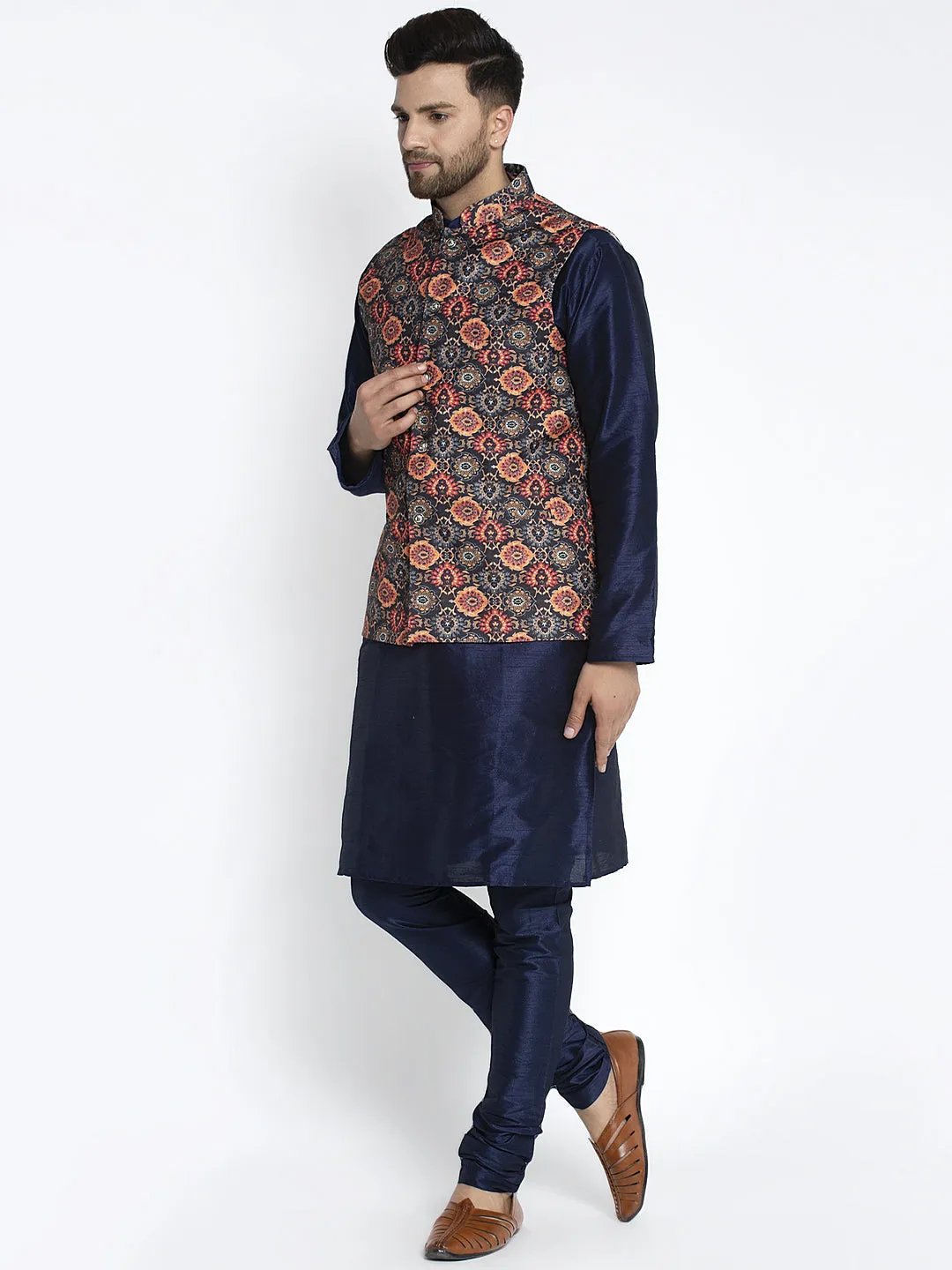 Men's Silk Blend Navy Blue Kurta With Pyjama & Black Printed Nehru Jacket - Benstoke