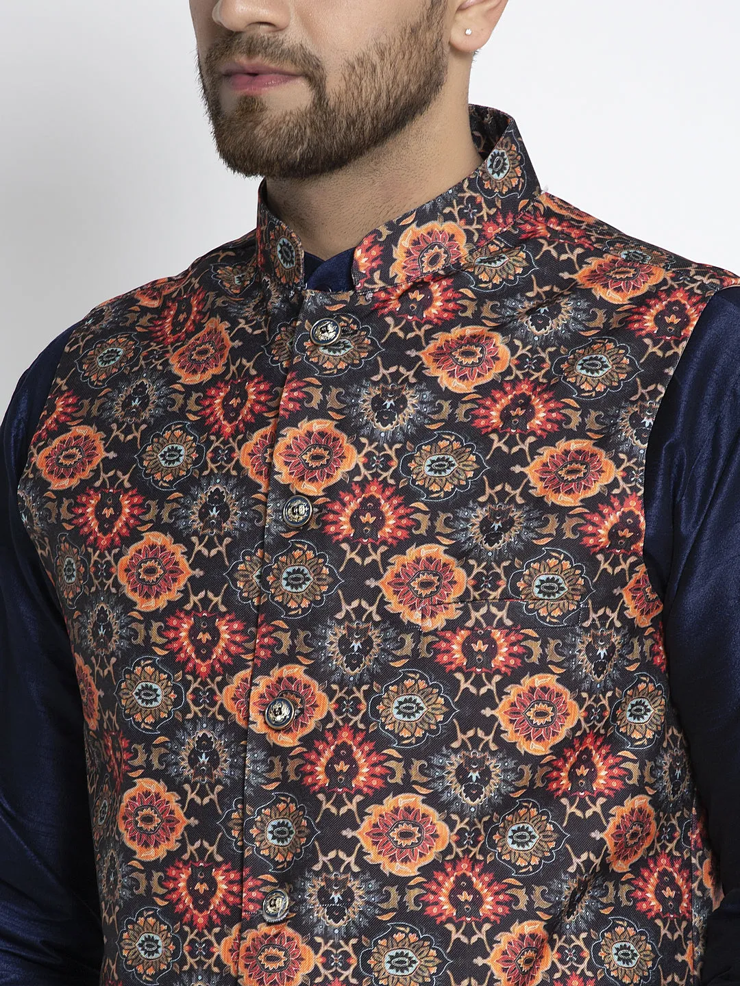 Men's Silk Blend Navy Blue Kurta With Pyjama & Black Printed Nehru Jacket - Benstoke