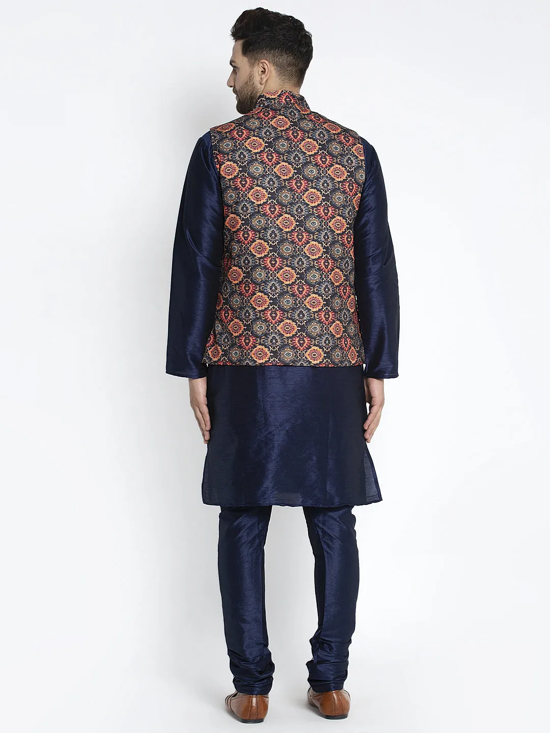 Men's Silk Blend Navy Blue Kurta With Pyjama & Black Printed Nehru Jacket - Benstoke