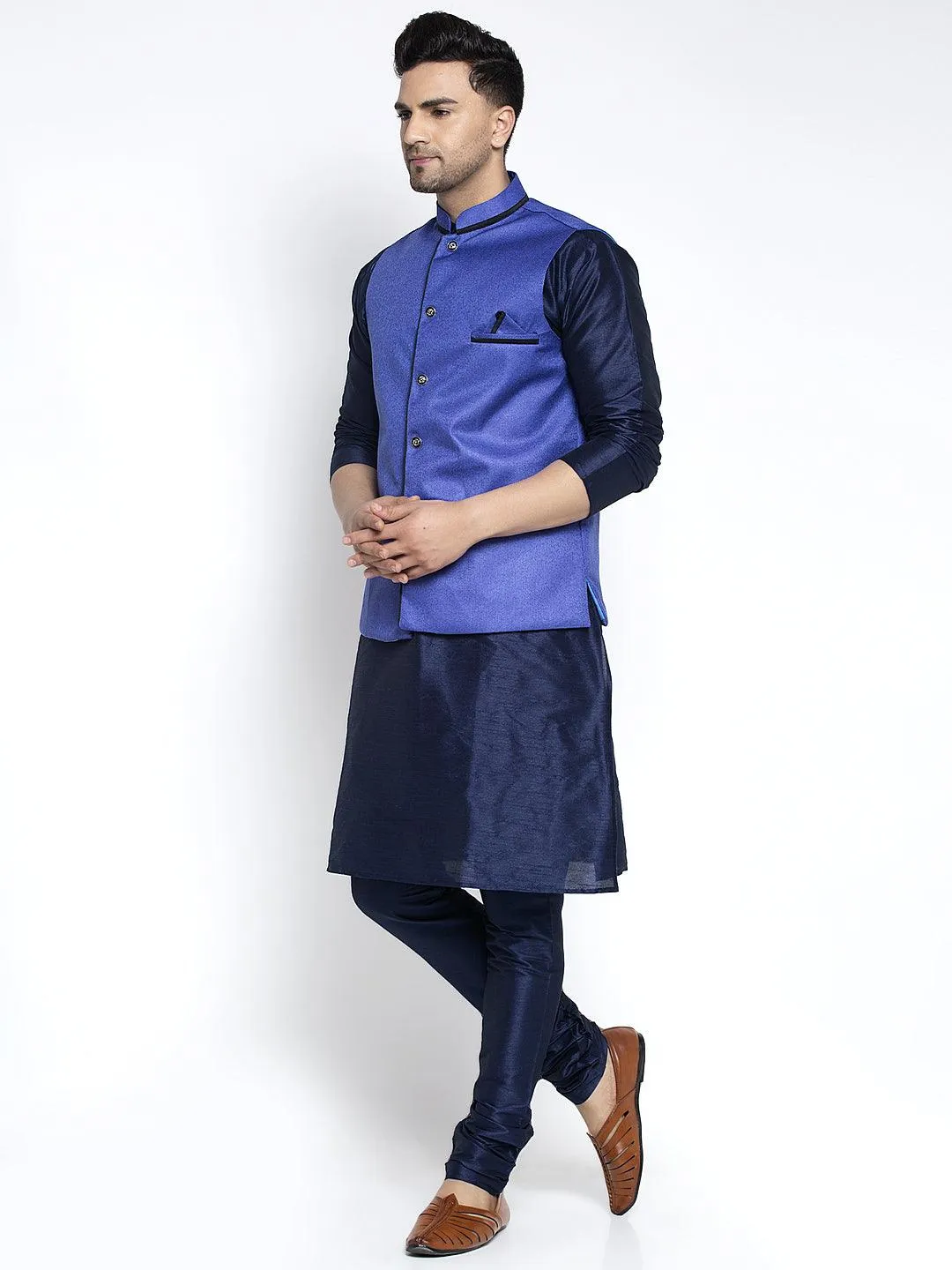 Men's Silk Blend Navy Blue Kurta With Pyjama & Royal Blue Nehru Jacket - Benstoke