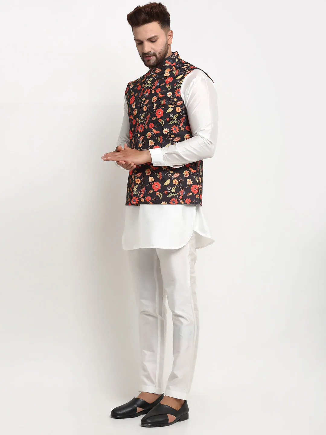 Men's Silk Blend White Kurta With Pyjama & Black Printed Nehru Jacket - Benstoke