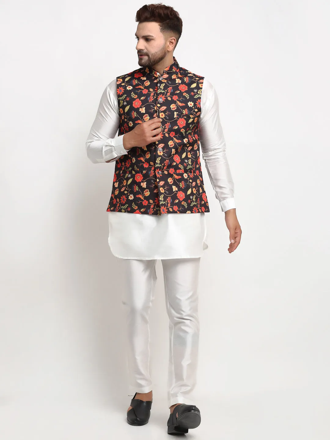 Men's Silk Blend White Kurta With Pyjama & Black Printed Nehru Jacket - Benstoke