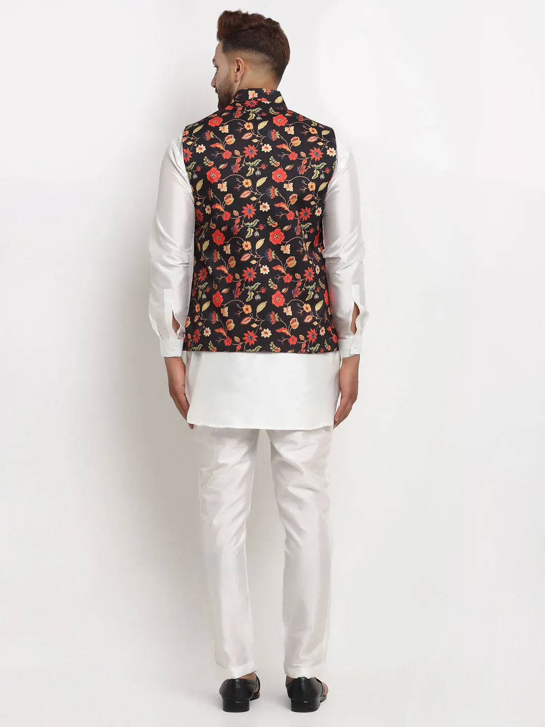 Men's Silk Blend White Kurta With Pyjama & Black Printed Nehru Jacket - Benstoke