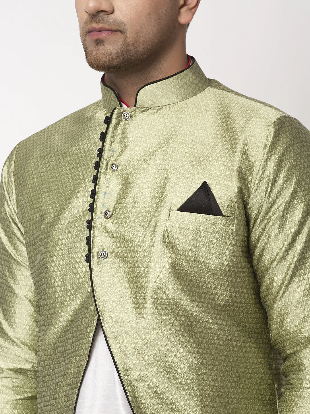 Men's White Kurta With Pyjama & Beige Self Design Jacket - Benstoke