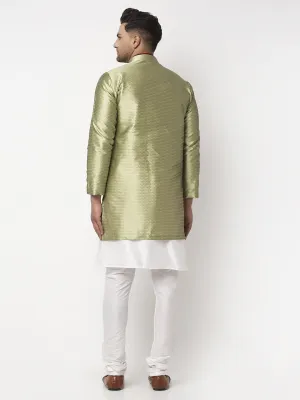 Men's White Kurta With Pyjama & Beige Self Design Jacket - Benstoke