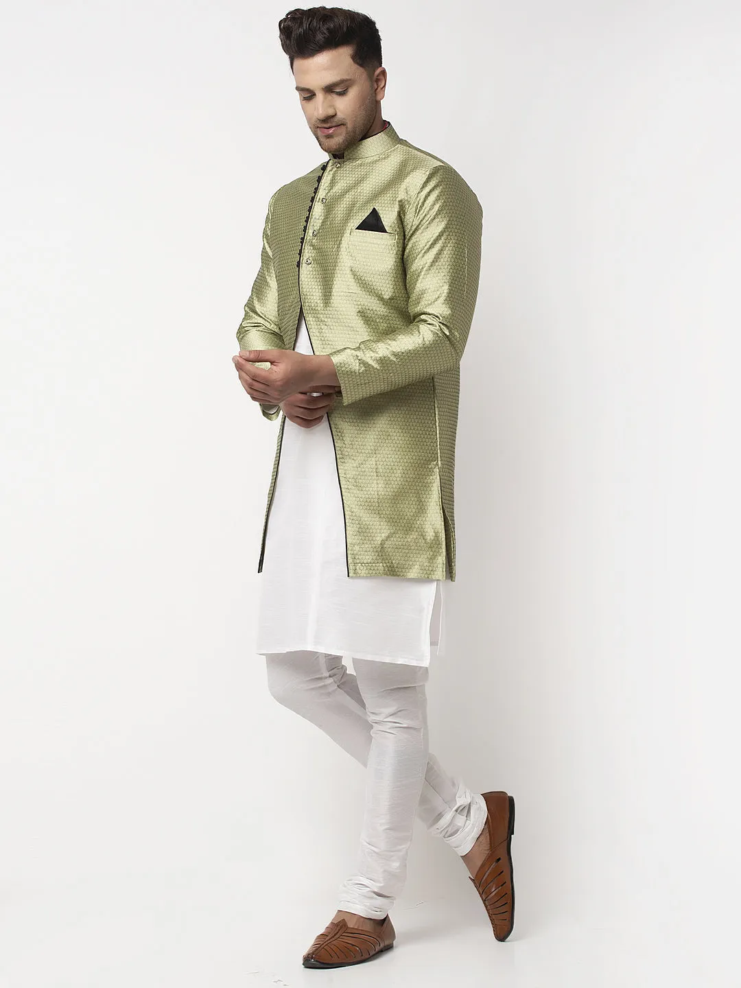 Men's White Kurta With Pyjama & Beige Self Design Jacket - Benstoke