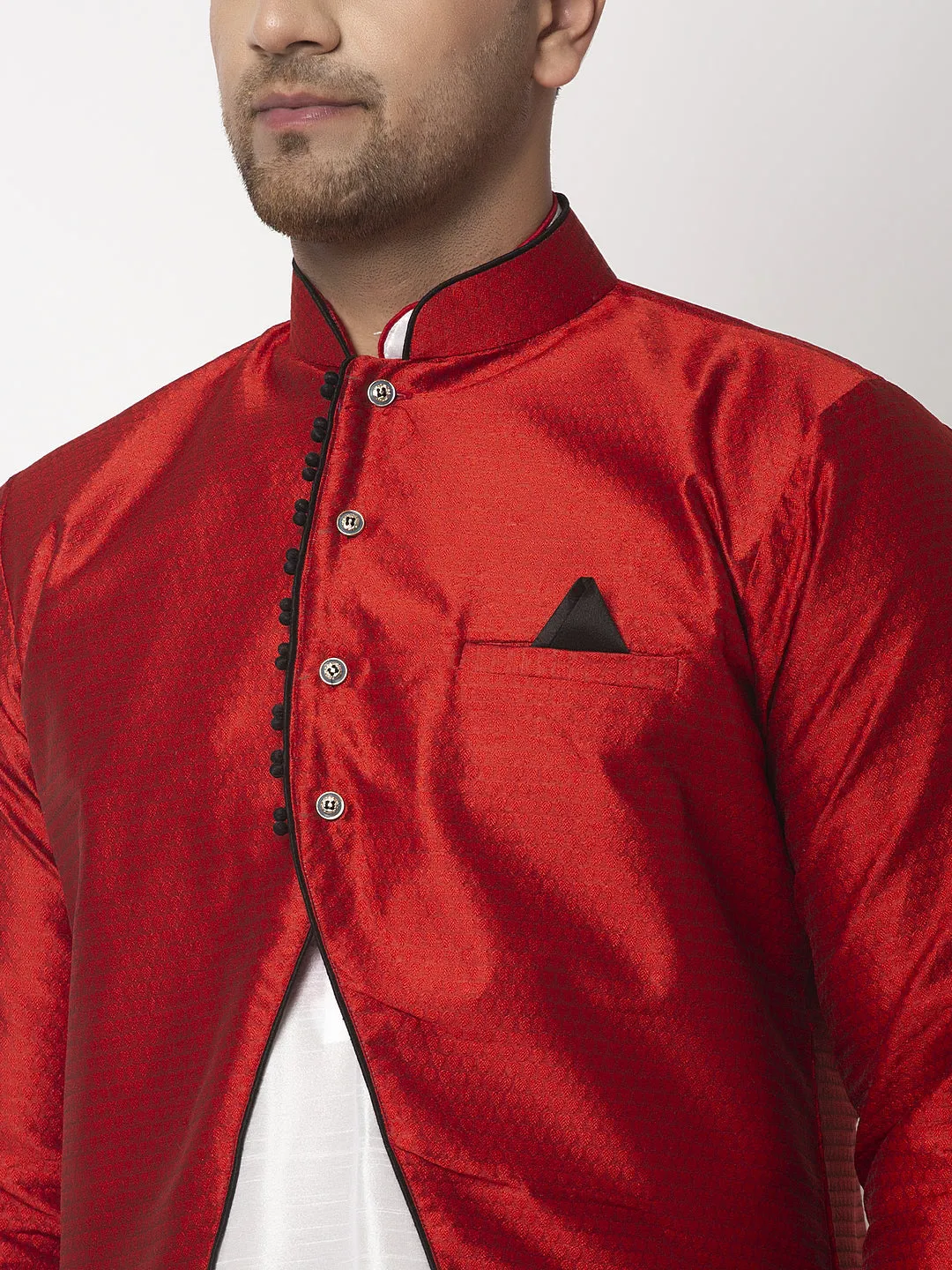 Men's White Kurta With Pyjama & Red Self Design Jacket - Benstoke