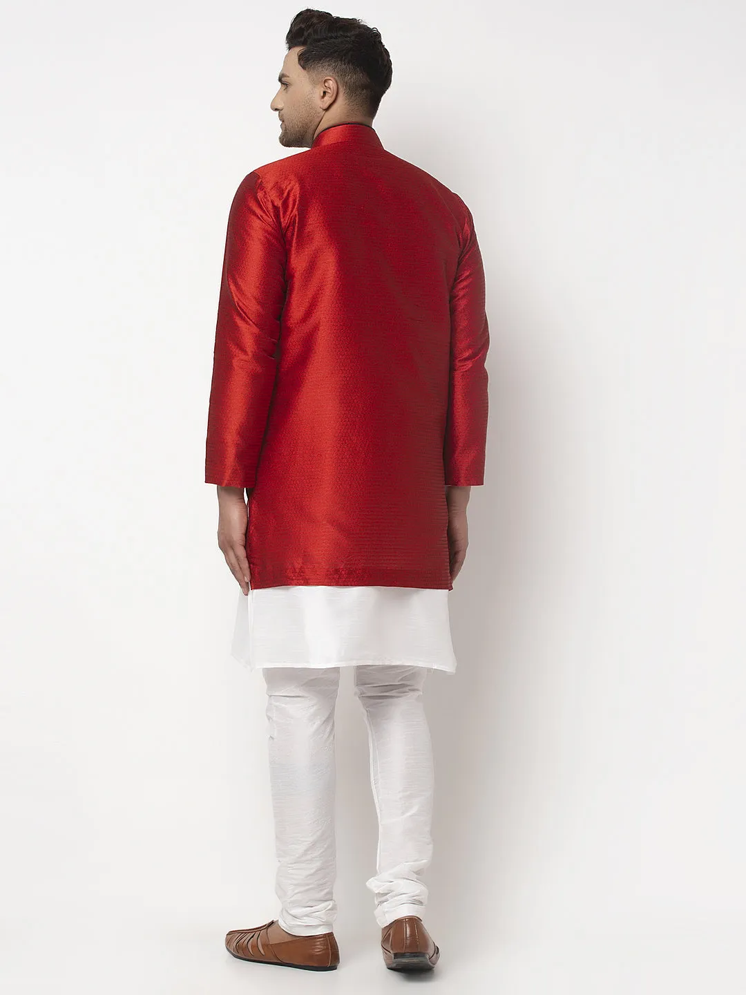 Men's White Kurta With Pyjama & Red Self Design Jacket - Benstoke