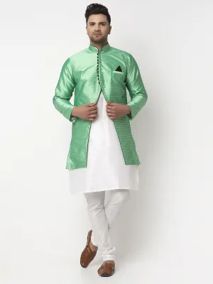 Men's White Kurta With Pyjama & Sea Green Self Design Jacket - Benstoke