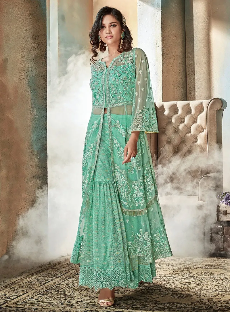 Mint Green Jacket Style Embroidered Lehenga Kurti Set