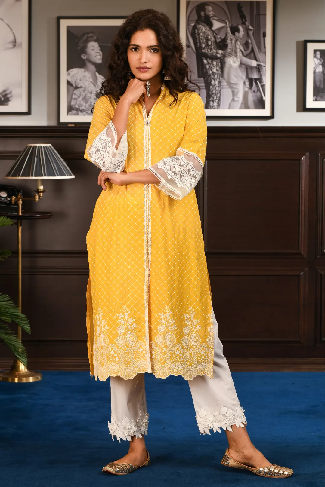 Mulmul Cotton Cayo Yellow Kurta With Hibiscus Pants