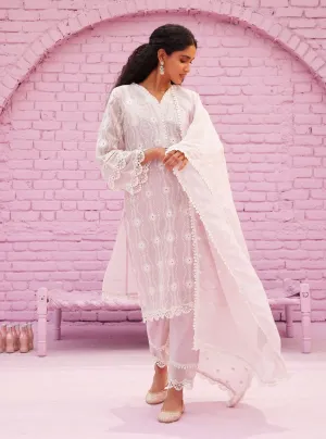 Mulmul Organza Izetta Dusty Pink Kurta With Mulmul Cotton Izetta Dusty Pink Pant